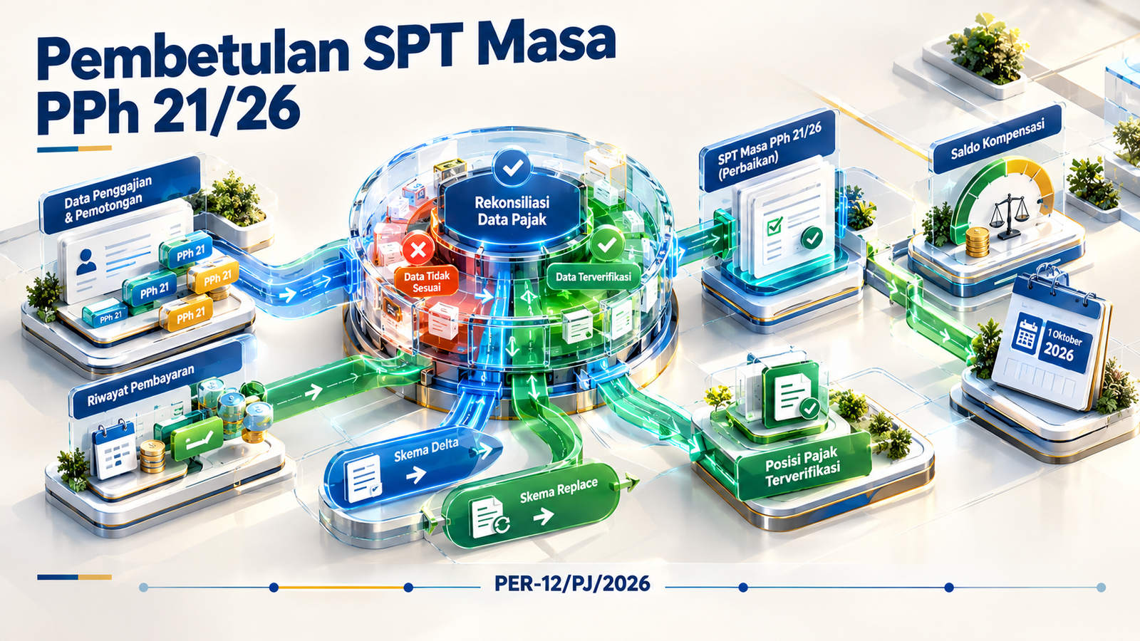 Ilustrasi pembetulan SPT Masa PPh 21/26 di Coretax dengan skema replace berdasarkan PER-12/PJ/2026.