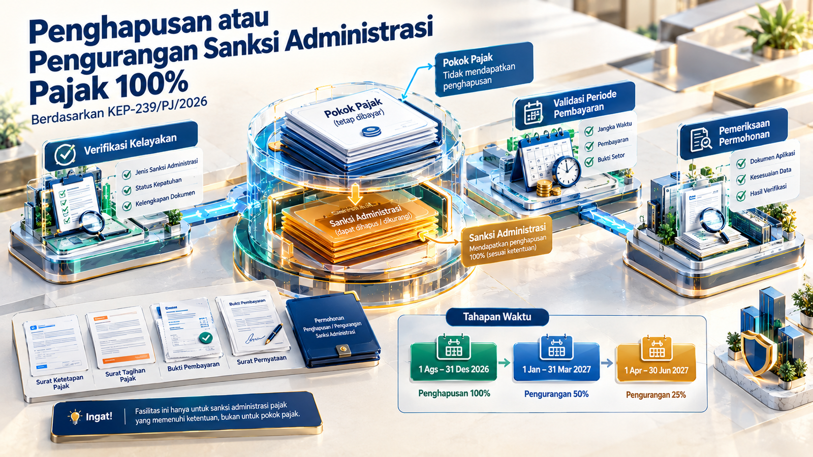Ilustrasi keringanan sanksi pajak 100%, persyaratan penghapusan sanksi administratif, dan pelunasan pokok pajak sesuai ketentuan DJP.